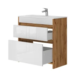 Waschbeckenunterschrank Detmold Goldkraft Eiche 2 Teile, Unterschrank 80 cm Vicco