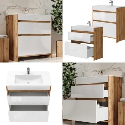 Waschbeckenunterschrank Detmold Goldkraft Eiche 2 Teile, Unterschrank 80 cm Vicco