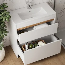 Waschbeckenunterschrank Detmold Weiß Hochglanz/Goldkraft Eiche 2 Teile, Unterschrank 80 cm Vicco