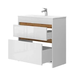 Waschbeckenunterschrank Detmold Weiß Hochglanz/Goldkraft Eiche 2 Teile, Unterschrank 80 cm Vicco