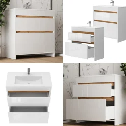 Waschbeckenunterschrank Detmold Weiß Hochglanz/Goldkraft Eiche 2 Teile, Unterschrank 80 cm Vicco