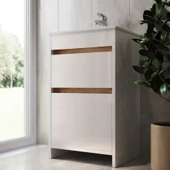 Waschbeckenunterschrank Detmold Weiß Hochglanz/Goldkraft Eiche 2 Teile, mit Waschbecken und 2 Schubladen Vicco