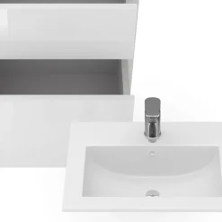 Waschbeckenunterschrank Detmold Weiß Hochglanz/Goldkraft Eiche 2 Teile, mit Waschbecken und 2 Schubladen Vicco