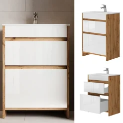 Waschbeckenunterschrank Detmold Goldkraft Eiche 2 Teile, Unterschrank 60 cm Vicco