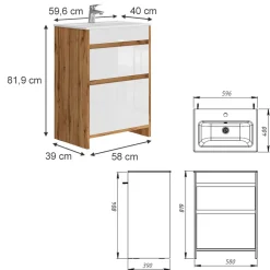 Waschbeckenunterschrank Detmold Goldkraft Eiche 2 Teile, Unterschrank 60 cm Vicco