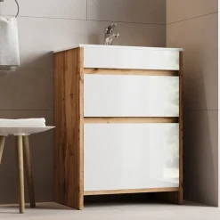 Waschbeckenunterschrank Detmold Goldkraft Eiche 2 Teile, Unterschrank 60 cm Vicco