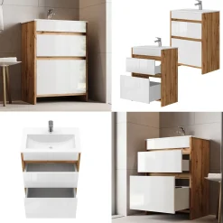 Waschbeckenunterschrank Detmold Goldkraft Eiche 2 Teile, Unterschrank 60 cm Vicco