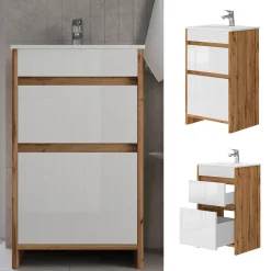 Waschbeckenunterschrank Detmold Goldkraft Eiche 2 Teile, mit Waschbecken und 2 Schubladen Vicco