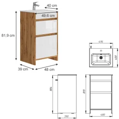 Waschbeckenunterschrank Detmold Goldkraft Eiche 2 Teile, mit Waschbecken und 2 Schubladen Vicco