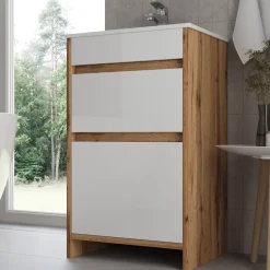 Waschbeckenunterschrank Detmold Goldkraft Eiche 2 Teile, mit Waschbecken und 2 Schubladen Vicco