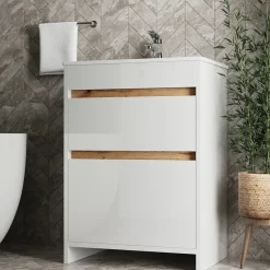 Waschbeckenunterschrank Detmold Weiß Hochglanz/Goldkraft Eiche 2 Teile, Unterschrank 60 cm Vicco