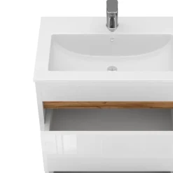 Waschbeckenunterschrank Detmold Weiß Hochglanz/Goldkraft Eiche 2 Teile, Unterschrank 60 cm Vicco