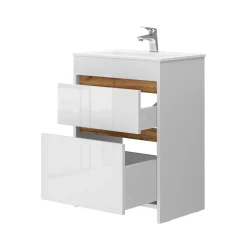 Waschbeckenunterschrank Detmold Weiß Hochglanz/Goldkraft Eiche 2 Teile, Unterschrank 60 cm Vicco