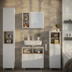 Waschbeckenunterschrank Elnor Weiß/Eiche 60 x 61 cm mit 2 Türen Vicco