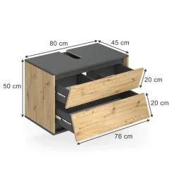 Waschbeckenunterschrank Edelin Anthrazit/Artisan 80 x 50 cm mit 2 Schubladen Vicco