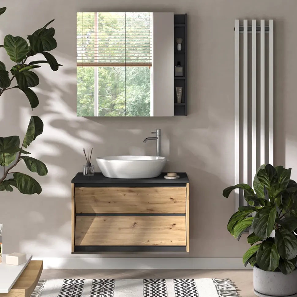 Waschbeckenunterschrank Edelin Anthrazit/Artisan 80 x 50 cm mit 2 Schubladen Vicco