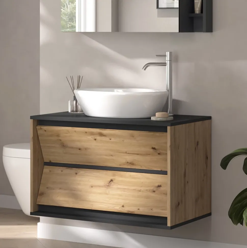 Waschbeckenunterschrank Edelin Anthrazit/Artisan 80 x 50 cm mit 2 Schubladen Vicco