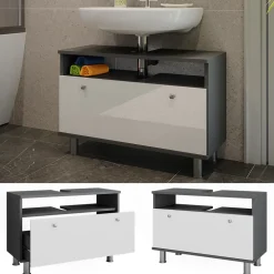 Waschbeckenunterschrank Fynn Weiß Hochglanz/Anthrazit 80.2 x 54 cm mit Schublade Vicco