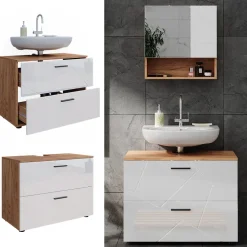 Waschbeckenunterschrank Irma Weiß Hochglanz/Goldkraft Eiche 80 x 58.6 cm Vicco