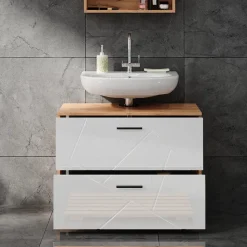 Waschbeckenunterschrank Irma Weiß Hochglanz/Goldkraft Eiche 80 x 58.6 cm Vicco