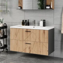 Waschbeckenunterschrank Irma Anthrazit/Artisan 100 x 57 cm mit 2 Schubladen Vicco