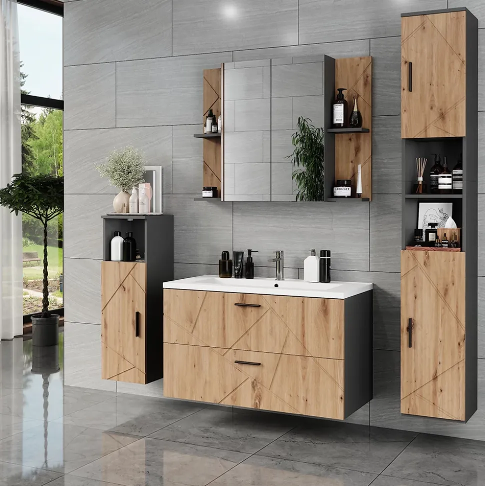 Waschbeckenunterschrank Irma Anthrazit/Artisan 100 x 57 cm mit 2 Schubladen Vicco