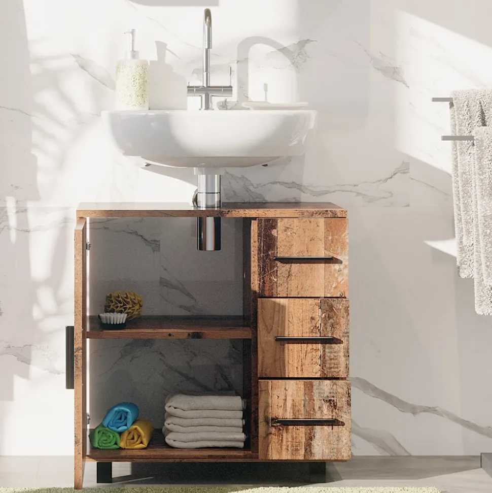 Waschbeckenunterschrank Ilias Eiche rustikal 60 x 60.8 cm mit Tür und 3 Schubladen Vicco