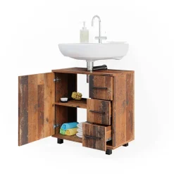 Waschbeckenunterschrank Ilias Eiche rustikal 60 x 60.8 cm mit Tür und 3 Schubladen Vicco