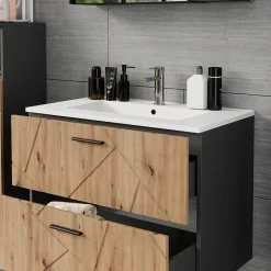 Waschbeckenunterschrank Irma Anthrazit/Artisan 80 x 57 cm mit 2 Schubladen Vicco