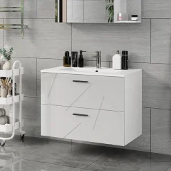 Waschbeckenunterschrank Irma Weiß/Weiß Hochglanz 80 x 57 cm mit 2 Schubladen Vicco