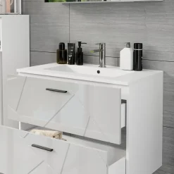 Waschbeckenunterschrank Irma Weiß/Weiß Hochglanz 80 x 57 cm mit 2 Schubladen Vicco