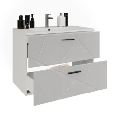 Waschbeckenunterschrank Irma Weiß/Weiß Hochglanz 80 x 57 cm mit 2 Schubladen Vicco