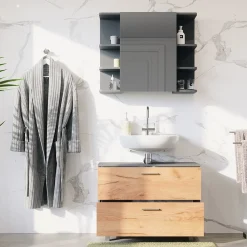 Waschbeckenunterschrank Ilias Goldkraft Eiche/Anthrazit 2 Teile, Unterschrank 80 cm Vicco