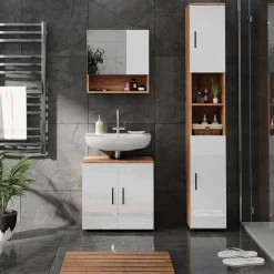 Waschbeckenunterschrank Irma Weiß Hochglanz/Goldkraft Eiche 60 x 59 cm Vicco