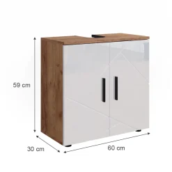 Waschbeckenunterschrank Irma Weiß Hochglanz/Goldkraft Eiche 60 x 59 cm Vicco