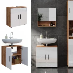 Waschbeckenunterschrank Irma Weiß Hochglanz/Goldkraft Eiche 60 x 59 cm Vicco