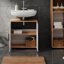 Waschbeckenunterschrank Irma Weiß Hochglanz/Goldkraft Eiche 60 x 59 cm Vicco