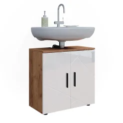 Waschbeckenunterschrank Irma Weiß Hochglanz/Goldkraft Eiche 60 x 59 cm Vicco