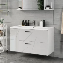 Waschbeckenunterschrank Irma Weiß/Weiß Hochglanz 100 x 57 cm mit 2 Schubladen Vicco