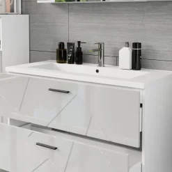 Waschbeckenunterschrank Irma Weiß/Weiß Hochglanz 100 x 57 cm mit 2 Schubladen Vicco