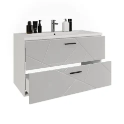 Waschbeckenunterschrank Irma Weiß/Weiß Hochglanz 100 x 57 cm mit 2 Schubladen Vicco