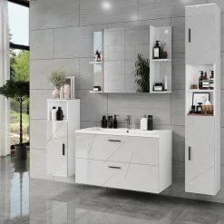 Waschbeckenunterschrank Irma Weiß/Weiß Hochglanz 100 x 57 cm mit 2 Schubladen Vicco