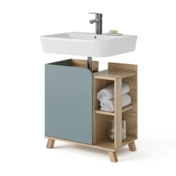 Waschbeckenunterschrank Karen Sonoma/Blau 60 x 65 cm mit Tür und offenen Fächern Vicco