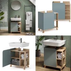 Waschbeckenunterschrank Karen Sonoma/Blau 60 x 65 cm mit Tür und offenen Fächern Vicco