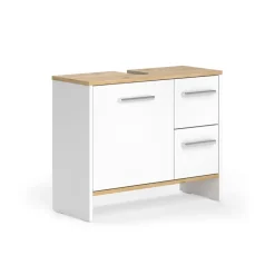 Waschbeckenunterschrank Karli Weiß/Goldkraft Eiche 70.2 x 57 cm mit 2 Schubladen und 1 Tür Vicco