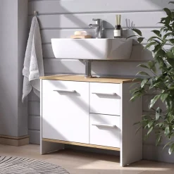 Waschbeckenunterschrank Karli Weiß/Goldkraft Eiche 70.2 x 57 cm mit 2 Schubladen und 1 Tür Vicco