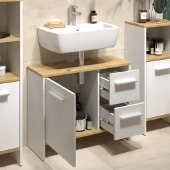 Waschbeckenunterschrank Karli Weiß/Goldkraft Eiche 70.2 x 57 cm mit 2 Schubladen und 1 Tür Vicco