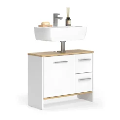 Waschbeckenunterschrank Karli Weiß/Goldkraft Eiche 70.2 x 57 cm mit 2 Schubladen und 1 Tür Vicco