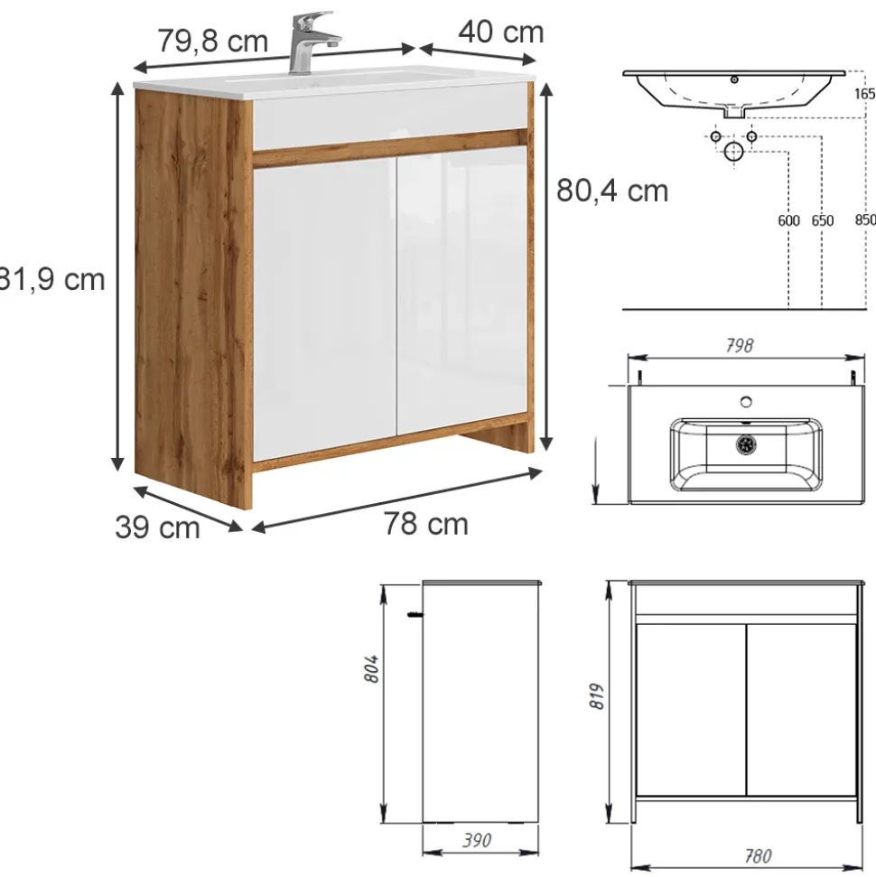 Waschbeckenunterschrank Lemgo Goldkraft Eiche 2 Teile Vicco