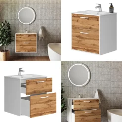 Waschbeckenunterschrank Lanco Weiß/Goldkraft Eiche 61 x 61.5 cm mit Waschbecken Vicco